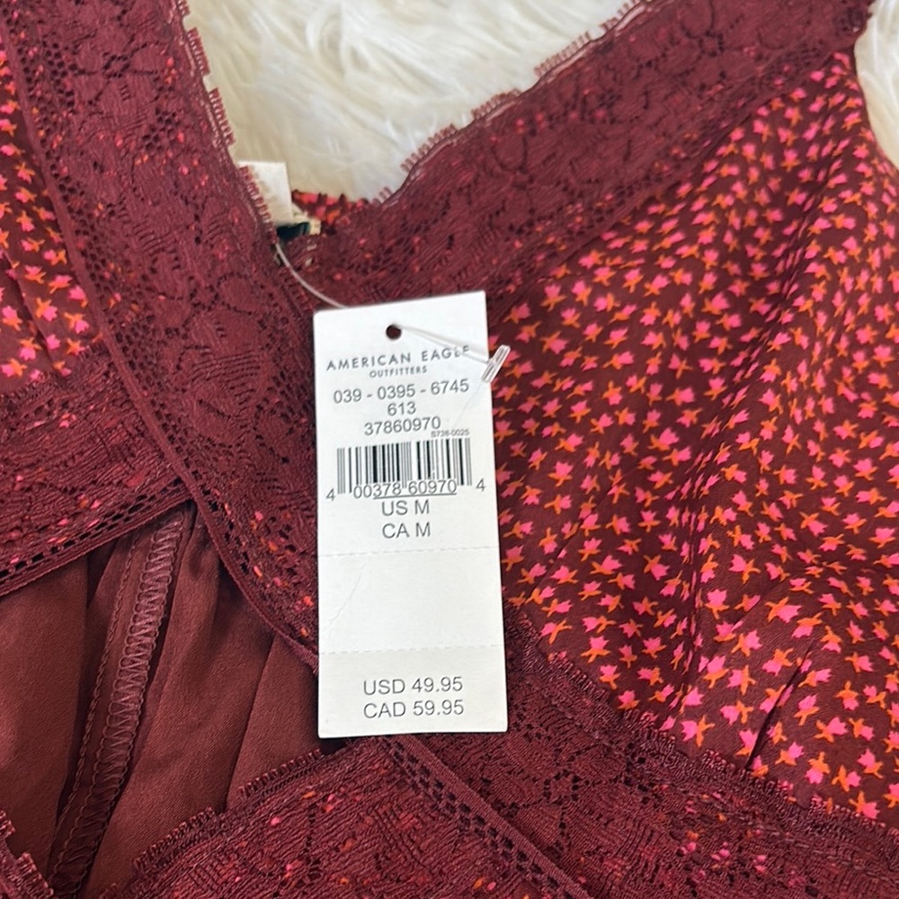 American Eagle Burgundy Silky Cut-out Printed Lace Mini Dress - Picture 7 of 10